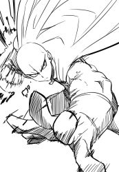 Rule 34 | 1boy, bald, cape, commentary request, foreshortening, glaring, gloves, greyscale, jin (mugenjin), looking at viewer, male focus, monochrome, motion lines, muscular, no eyes, one-punch man, saitama (one-punch man), solo