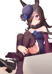 Rule 34 | 1girl, absurdres, animal ears, black thighhighs, blue dress, blue flower, blue headwear, blue rose, brown hair, dress, factory314, flower, hair over one eye, hat, hat flower, highres, holding another&#039;s foot, horse ears, horse girl, long hair, no shoes, off-shoulder dress, off shoulder, purple eyes, removing shoes, rice shower (umamusume), rose, short dress, short shorts, shorts, soles, sweat, thighhighs, tilted headwear, toes, umamusume