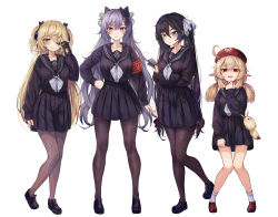 Rule 34 | 4girls, absurdres, ahoge, alternate costume, ankle socks, arm at side, armband, black bow, black footwear, black gloves, black hair, black serafuku, black shirt, black skirt, blonde hair, blush, bow, breast hold, breasts, brown legwear, card, commentary request, cone hair bun, dodoco (genshin impact), double bun, eyepatch, fischl (genshin impact), full body, genshin impact, gloves, green eyes, hair bow, hair bun, hair ornament, hand on own hip, hand up, hat, highres, holding, holding card, holding hair, keqing (genshin impact), klee (genshin impact), large breasts, loafers, long hair, looking at viewer, md5 mismatch, medium breasts, mona (genshin impact), multiple girls, neckerchief, open mouth, pantyhose, partially fingerless gloves, pleated skirt, pointy ears, purple eyes, purple hair, red eyes, red headwear, revision, sailor collar, school uniform, serafuku, shaded face, shirt, shoes, simple background, single glove, skirt, skirt hold, smile, socks, stuffed animal, stuffed toy, torriet, twintails, two side up, white background