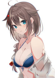 Rule 34 | 1girl, absurdres, ahoge, bikini, blue bikini, blue eyes, blush, braid, breasts, brown hair, cleavage, closed mouth, collarbone, fathom, hair flaps, highres, kantai collection, large breasts, long hair, official alternate costume, shigure (kancolle), shigure kai san (kancolle), simple background, single braid, solo, swimsuit, upper body, white background