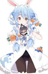 Rule 34 | 1girl, animal ear fluff, animal ears, black gloves, blue hair, braid, brown pantyhose, carrot, carrot hair ornament, closed mouth, food-themed hair ornament, gloves, hair ornament, hololive, ixy, long hair, looking at viewer, multicolored hair, pantyhose, rabbit ears, short sleeves, simple background, smile, solo, thick eyebrows, twin braids, two-tone hair, usada pekora, usada pekora (1st costume), virtual youtuber, white background, white hair