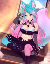 Rule 34 | 1girl, animal ears, artist name, asymmetrical legwear, boots, breasts, choker, cleavage, closed mouth, eyelashes, flower, flower choker, fox ears, fox girl, fox tail, gradient hair, gradient nails, gradient tail, hair flower, hair ornament, highres, indoors, large breasts, leather belt, looking at viewer, mismatched legwear, multicolored hair, nail polish, navel, obakawaii, pink thighhighs, silvervale, silvervale (4th costume), solo, tail, thighhighs, tongue, virtual youtuber, vshojo
