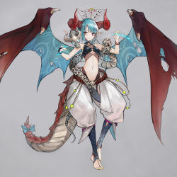 Rule 34 | 1girl, aqua hair, dragon, dragon girl, dragon horns, dragon tail, dragon wings, full body, grey background, highres, horns, midriff, mins, mins (minevi), monster girl, original, pink eyes, pointy ears, short hair, simple background, solo, tail, wings