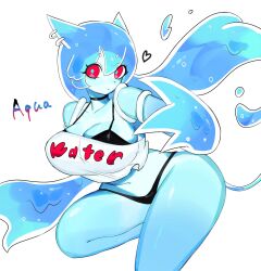 Rule 34 | animal ears, aqua (togetoge), bikini, blue hair, blue skin, breasts, cat ears, cat girl, cat tail, cleavage, colored skin, crop top, ear piercing, furry, furry female, heart, highres, large breasts, large hands, long hair, looking at viewer, monster girl, original, piercing, red eyes, slime girl, swimsuit, tail, thick thighs, thighs, togetoge