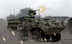 Rule 34 | 1girl, aiming, armored fighting vehicle, artist name, black hair, dead-robot, firing, gun, military, military vehicle, mixed-language commentary, original, outdoors, ponytail, scenery, soldier, solo, stryker, tree, turret, watermark, weapon