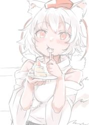 Rule 34 | 1girl, :t, animal ear fluff, animal ears, bare shoulders, cake, cake slice, detached sleeves, eating, food, hat, highres, inubashiri momiji, looking at viewer, muted color, red eyes, short hair, solo, tail, tokin hat, touhou, white hair, wolf ears, wolf tail, yoyoiro (sysi20)