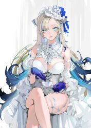 Rule 34 | 1girl, absurdres, bare shoulders, blonde hair, blue eyes, blue gloves, blue hair, breasts, cleavage, crossed legs, cup, earrings, eyelashes, gloves, hat, highres, holding, holding saucer, jewelry, large breasts, long hair, looking at viewer, mole, mole under mouth, momokan (kandume200), multicolored hair, original, saucer, sitting, solo, stirring, teacup, two-tone hair