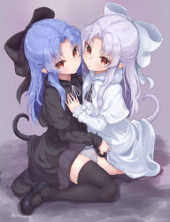 Rule 34 | 2girls, bare arms, black bow, black dress, black footwear, black legwear, blue hair, bow, breasts, capelet, cat tail, closed mouth, cowboy shot, dress, fur collar, grey background, hair bow, hand on another&#039;s chest, highres, len (tsukihime), long hair, looking at viewer, looking to the side, melty blood, multiple girls, open mouth, parted bangs, parted lips, petite, pointy ears, pulling another&#039;s clothes, rabittofaa, red eyes, simple background, small breasts, tail, thighhighs, tsukihime, white bow, white dress, white footwear, white hair, white legwear, white len (tsukihime)