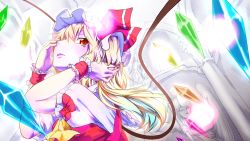 Rule 34 | 1girl, angel, ascot, asymmetrical wings, blonde hair, crystal, dress, flandre scarlet, from side, tucking hair, hand on own face, hat, looking at viewer, mob cap, puffy short sleeves, puffy sleeves, red dress, red eyes, short hair, short sleeves, slit pupils, solo, solo focus, statue, tenamaru, touhou, wings, wrist cuffs