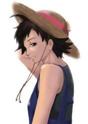 Rule 34 | 1girl, ahoge, alternate costume, bare shoulders, black hair, capcom, dawn520, from side, hat, makoto (street fighter), overalls, solo, straw hat, street fighter, street fighter iii (series), tank top, upper body