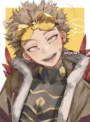 Rule 34 | 1boy, artist name, blonde hair, bodysuit, bodysuit under clothes, boku no hero academia, border, burn scar, costume, drawn ears, earrings, eyewear on head, facial hair, facial mark, facial scar, feathered wings, feathers, fur-trimmed jacket, fur trim, goatee, hawks (boku no hero academia), head tilt, jacket, jewelry, kadeart, looking at viewer, male focus, open mouth, outside border, pectoral cleavage, pectorals, red feathers, rimless eyewear, scar, scar on cheek, scar on face, scar on neck, short hair, sideburns, simple background, skin tight, solo, speech bubble, stud earrings, talking, tinted eyewear, toned, toned male, upper body, white border, wings, yellow eyes