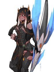 Rule 34 | 1girl, aiko (less), armor, arrow (projectile), bare shoulders, black sclera, blonde hair, boots, bow (weapon), breastplate, breasts, cleavage, colored sclera, commentary, ears through headwear, english commentary, faulds, gauntlets, highres, holding, holding bow (weapon), holding weapon, hood, hood up, large breasts, less, looking at viewer, armored boots, monster hunter (series), monster hunter: world, original, pelvic curtain, pointy ears, quiver, signature, simple background, smile, solo, spikes, standing, thigh boots, thighhighs, vaal hazak (armor), weapon, white background, white eyes