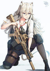 Rule 34 | 1girl, 2023, animal ear fluff, animal ear piercing, animal ears, ankle boots, artist logo, battle rifle, black footwear, black pantyhose, black shorts, bolo tie, boots, chest harness, clenched teeth, collared shirt, commentary request, dress shirt, grey eyes, grey hair, gun, hair between eyes, harness, highres, hiroki ree, holding, holding gun, holding weapon, hololive, knee pads, lion ears, lion girl, lion tail, long hair, necktie, official alternate hairstyle, on one knee, pantyhose, parted lips, red necktie, rifle, scope, shirt, shishiro botan, shishiro botan (button-down), shorts, sig mcx, sig sauer, simple background, sleeves rolled up, solo, tail, teeth, thigh strap, trigger discipline, virtual youtuber, weapon, white background, white shirt