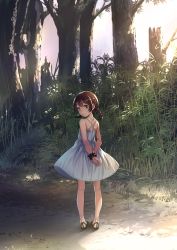 Rule 34 | 1girl, back, black scrunchie, braid, brown eyes, brown hair, commentary, dress, full body, highres, kneepits, looking at viewer, original, outdoors, sandals, scrunchie, sody, solo, standing, sundress, tree, twin braids, wrist scrunchie