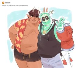Rule 34 | 2boys, alternate body size, bara, big belly, black tank top, colored skin, cosplay, costume switch, cowboy shot, doug (monster prom), fat, fat man, friends, green skin, highres, ifer (greentail), male focus, monster boy, monster prom, multiple boys, nifast (greentail), obese, object through head, original, puffy chest, scar, see-through, short shorts, shorts, slime boy, sword in head, tank top, tareme, v, v over head