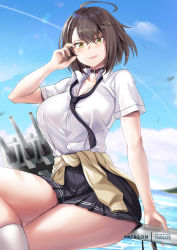 Rule 34 | 1girl, :d, absurdres, ahoge, alternate costume, arm support, azur lane, baltimore (after-school ace) (azur lane), baltimore (azur lane), black necktie, black skirt, blue sky, braid, breasts, brown hair, cannon, choker, cleavage, clothes around waist, cloud, collarbone, collared shirt, crossed legs, day, hand up, highres, large breasts, looking at viewer, necktie, open mouth, outdoors, patreon username, pleated skirt, rigging, school uniform, shiny skin, shirt, short hair, short sleeves, sitting, skirt, sky, smile, socks, solo, thighs, tnolize, turret, uniform, white shirt, white socks, yellow eyes