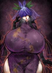 Rule 34 | 1girl, 2b-ge, aura, black gloves, breasts, dress, facing viewer, fellatio gesture, female focus, gigantic breasts, gloves, hair over eyes, head tilt, hidden eyes, highres, hip vent, open mouth, purple dress, purple hair, solo, standing, thick thighs, thighs, tongue, touhou, wide hips, yomotsu hisami