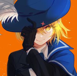 Rule 34 | 1girl, aki&#039;z, black gloves, black jacket, blonde hair, blue cape, blue headwear, blue necktie, cape, cavalier hat, closed mouth, commentary, don quixote (project moon), gloves, hand on headwear, highres, jacket, limbus company, looking at viewer, necktie, orange background, plume, project moon, shirt, short hair, simple background, solo, star-shaped pupils, star (symbol), symbol-shaped pupils, white shirt, yellow eyes