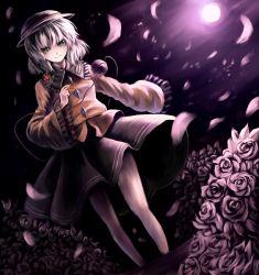 Rule 34 | 1girl, bad id, bad pixiv id, dutch angle, female focus, flower, full moon, gradient background, green eyes, hat, holding, komeiji koishi, moon, nature, night, outdoors, parsley-f, petals, plant, rose, short hair, silver hair, skirt, sky, smirk, solo, touhou, wide sleeves
