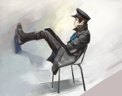 Rule 34 | 1boy, alec (arc the lad), arc the lad, arc the lad iii, black footwear, black hat, boots, brown hair, chair, closed mouth, cofffee, gloves, hat, male focus, military uniform, protected link, short hair, simple background, sitting, solo, uniform, white background
