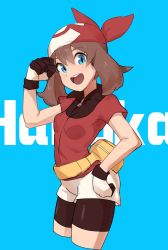 Rule 34 | 1girl, :d, bandana, bike shorts, black shorts, blue background, blue eyes, breasts, brown hair, character name, cowboy shot, creatures (company), cropped legs, game freak, hair between eyes, hand on own hip, highres, jacket, long hair, may (pokemon), nintendo, nyonn24, open mouth, pokemon, pokemon rse, red bandana, red jacket, short shorts, short sleeves, shorts, shorts under shorts, simple background, small breasts, smile, solo, standing, twintails, white shorts