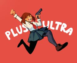 Rule 34 | 1girl, arm up, black pantyhose, boku no hero academia, breasts, brown hair, clenched hand, closed eyes, collared shirt, commentary, english commentary, english text, fenkko, full body, gun, handgun, holding, holding gun, holding weapon, long sleeves, medium breasts, necktie, open mouth, pantyhose, pleated skirt, red background, red necktie, school uniform, shirt, shoes, short hair, simple background, skirt, smile, solo, u.a. school uniform, uraraka ochako, weapon, white shirt