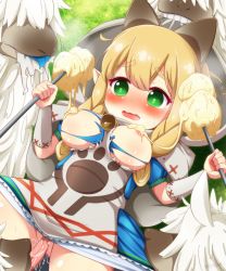 Rule 34 | 1girl, alpaca, animal ears, bestiality, blonde hair, blush, braid, breasts, breasts out, cat ears, cheese, commentary request, cunnilingus, dress, extra ears, food, food on body, gauntlets, green eyes, interspecies, kisaragi zwei, lying, medium breasts, meowstress, monster hunter, monster hunter (series), monster hunter x, moofah, nekojo, nipples, no panties, nose blush, on back, open mouth, oral, paw print, pointy ears, pussy juice, sex, sheep, solo, tears, torn clothes, torn dress, twin braids, wavy hair