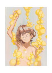 Rule 34 | 1girl, arm up, border, breasts, brown hair, bubble, closed eyes, crying, earrings, expressionless, glasses, hair ornament, hairclip, highres, holding, jewelry, liquid from mouth, mole, mole under eye, nude, original, round eyewear, ryuuforkaf, short hair, small breasts, solo, surreal, tears, upper body, white border