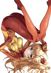 Rule 34 | 1girl, @shun, ass, blue eyes, blush, bodysuit, breasts, brown hair, covered navel, evangelion: 2.0 you can (not) advance, highres, looking at viewer, multicolored bodysuit, multicolored clothes, neon genesis evangelion, plugsuit, rebuild of evangelion, red bodysuit, shiny clothes, shiny skin, skin tight, solo, souryuu asuka langley, test plugsuit, two side up, white background, wide hips