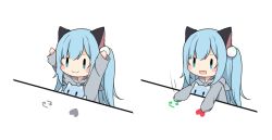 Rule 34 | 1girl, :d, amashiro natsuki, animal, animal ears, arms up, arrow (symbol), blue eyes, blue hair, blush, bongo cat, cat, cat ears, chibi, closed mouth, commentary request, grey hoodie, heart, highres, hood, hood down, hoodie, long hair, long sleeves, meme, multiple views, open mouth, original, smile, twitter username, two side up, upper body, very long hair, white background