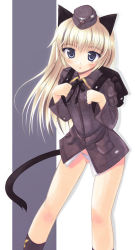 Rule 34 | 1girl, animal ears, black ribbon, blonde hair, blue eyes, blush, cat ears, cat tail, garrison cap, hat, helma lennartz, iwa (alpaca oukoku), jacket, long hair, long sleeves, military, military uniform, no pants, open mouth, panties, ribbon, solo, strike witches, strike witches: suomus misfits squadron, tail, triangle mouth, underwear, uniform, white panties, world witches series