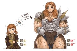 Rule 34 | 1girl, age comparison, age progression, annette fantine dominic, armor, breasts, brown hair, cleavage, dual persona, fire emblem, fire emblem: three houses, gameplay mechanics, garreg mach monastery uniform, light blush, muscular, muscular female, nintendo, pelt, pelvic curtain, shoulder spikes, smile, spikes, sweat, thick thighs, thighs, tobatoinu, veins, veiny thighs