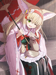 Rule 34 | 1girl, animal, animal ears, apron, arknights, black hakama, black skirt, blonde hair, coin purse, colored tips, commentary request, floral print, flower, fox, fox ears, fox girl, fox tail, frilled apron, frills, green eyes, hair between eyes, hair flower, hair ornament, hairband, hakama, hakama skirt, holding, holding umbrella, japanese clothes, kimono, kitsune, kyuubi, long hair, long sleeves, multicolored hair, multiple tails, obi, official alternate costume, oil-paper umbrella, one eye closed, open mouth, paid reward available, pink kimono, pleated skirt, red hairband, red umbrella, sash, shironekoban, sitting, skirt, solo, suzuran (arknights), suzuran (yukibare) (arknights), tail, two-tone hair, umbrella, waist apron, white apron, white hair, wide sleeves