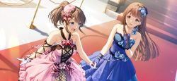 Rule 34 | 2girls, :d, arm ribbon, bare shoulders, blue bow, blue dress, blue eyes, blue flower, blue gloves, blue rose, blunt bangs, blunt ends, blurry, blurry background, bow, bracelet, breasts, brown eyes, brown hair, brown ribbon, chromatic aberration, collarbone, commentary request, cross-laced clothes, day, dress, dress bow, dress flower, dutch angle, earrings, floral print, flower, flower earrings, food-themed hair ornament, frilled dress, frills, gem, glove bow, gloves, hair between eyes, hair bow, hair flower, hair ornament, hair ribbon, halter dress, halterneck, hand on own chest, hand up, hat, highres, holding hands, idolmaster, idolmaster million live!, idolmaster million live! theater days, indoors, jewelry, layered dress, long hair, looking at viewer, medium breasts, medium hair, multiple girls, nanaran, necklace, open mouth, pearl (gemstone), pearl bracelet, pearl hair ornament, pearl necklace, pink dress, pink flower, pink headwear, plaid, plaid dress, ponytail, print dress, red bow, red carpet, red ribbon, ribbon, rose, satake minako, shadow, sidelocks, sleeveless, sleeveless dress, smile, stairs, standing, strapless, strapless dress, strawberry hair ornament, striped, striped bow, tanaka kotoha, tilted headwear, white gloves
