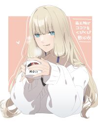 Rule 34 | 1boy, :p, absurdres, alternate costume, blonde hair, blue eyes, blunt bangs, border, casual, chikuwa (cccccchhhhhhii), closed mouth, coffee mug, commentary, cropped torso, cup, fate/grand order, fate/grand order arcade, fate (series), heart, highres, holding, holding cup, long hair, looking at viewer, low-tied sidelocks, male focus, mug, noah (fate), outline, outside border, pink background, simple background, sleeves past wrists, smile, solo, steam, sweater, tongue, tongue out, translation request, upper body, white border, white outline, white sweater