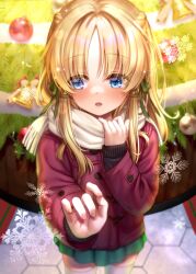 Rule 34 | 1girl, blonde hair, blue eyes, blush, christmas, christmas ornaments, coat, commentary request, cowboy shot, fringe trim, green skirt, highres, long sleeves, medium hair, moriya suwako, nora wanko, open mouth, pleated skirt, red coat, scarf, skirt, snowflakes, solo, thighhighs, touhou, white scarf, white thighhighs