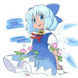 Rule 34 | 1girl, arms behind back, bloomers, blue bow, blue dress, blue eyes, blue hair, bolo tie, bow, cirno, collared dress, cowboy shot, cropped legs, dress, english text, flat chest, flower, frilled sleeves, frills, hair between eyes, hair bow, hair ornament, ice, ice wings, light blue hair, looking at viewer, mawaru (mawaru), medium hair, multicolored clothes, multicolored dress, necktie, open mouth, plant, puffy short sleeves, puffy sleeves, red necktie, short eyebrows, short sleeves, simple background, smile, solo, straight hair, sunflower, tan, touhou, underskirt, underwear, vines, white background, white bloomers, white dress, wings