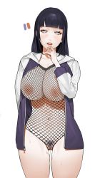 Rule 34 | 1girl, absurdres, black hair, blank eyes, blush, bodysuit, breasts, cleavage, female pubic hair, fishnet bodysuit, fishnets, grey eyes, highres, huge breasts, hyuuga hinata, long hair, naruto, naruto (series), naruto shippuuden, nipples, open mouth, pubic hair, pussy, pussy juice, smile, sohn woohyoung, solo