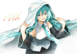 Rule 34 | 1girl, :d, black skirt, black sleeves, blue eyes, blue hair, blue necktie, breasts, collared shirt, detached sleeves, dress shirt, floating hair, hair between eyes, hatsune miku, long hair, long sleeves, medium breasts, miniskirt, necktie, open mouth, pleated skirt, rusi, shirt, skirt, sleeveless, sleeveless shirt, smile, solo, standing, twintails, very long hair, vocaloid, white background, white shirt, wing collar