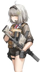 Rule 34 | 1girl, ahoge, alternate costume, arknights, black gloves, blush, closed mouth, commentary request, extended magazine, feet out of frame, fingerless gloves, gloves, gun, hair ornament, handgun, headset, high-capacity magazine, highres, holding, holding gun, holding weapon, holster, holstered, kriss vector, long sleeves, looking at viewer, necktie, osprey 45, polygonal suppressor, polyvora, red necktie, scene (arknights), shirt, short hair, short sleeves, simple background, solo, standing, submachine gun, suppressor, weapon, white background