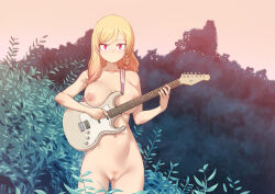Rule 34 | 1girl, blonde hair, braid, breast rest, breasts, bush, carried breast rest, carrying, censored, commentary, completely nude, electric guitar, guitar, instrument, large breasts, makguff, mosaic censoring, music, navel, nipples, nude, original, playing instrument, pussy, red eyes, side braid, solo
