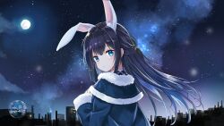 Rule 34 | 1girl, abc cherry, absurdres, animal ears, black hair, blue eyes, blush, bubble, capelet, coat, from behind, full moon, fur-trimmed capelet, fur-trimmed sleeves, fur trim, half updo, highres, long hair, long sleeves, looking at viewer, looking back, moon, night, night sky, original, outdoors, parted lips, rabbit ears, rabbit girl, sky, skyline, solo, star (sky), starry sky, upper body, very long hair