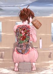 Rule 34 | 1girl, back, back tattoo, bathhouse, bathing, breasts, brown hair, character request, commentary, completely nude, copyright request, english commentary, full body, hair bun, hair ornament, hair stick, irezumi, looking back, nude, short hair, single hair bun, soles, solo, tattoo, tiptoes, tyrone, water, wet, yakuza