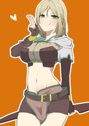 Rule 34 | 1girl, blonde hair, blowing kiss, blush, bow (weapon), breasts, brown gloves, brown shirt, brown skirt, closed mouth, commentary request, commission, cowboy shot, crop top, elbow gloves, fingerless gloves, fuurin kingyou, gloves, green eyes, heart, holding, holding bow (weapon), holding weapon, hunter (ragnarok online), large breasts, looking at viewer, midriff, miniskirt, navel, orange background, outline, ragnarok online, shirt, short hair, short shorts, short sleeves, shorts, shorts under skirt, simple background, skeb commission, skirt, smile, solo, two-tone shirt, weapon, white outline