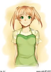 Rule 34 | 10s, 1girl, arms behind back, autumn-north, blush, breasts, brown hair, camisole, green eyes, hair bobbles, hair ornament, ibarazaki emi, katawa shoujo, short hair, small breasts, smile, twintails, upper body