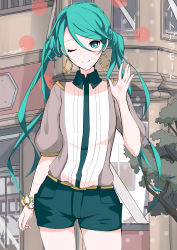 Rule 34 | 1girl, absurdres, aqua eyes, aqua hair, beige shirt, blue collar, blue shorts, building, collar, commentary, contrapposto, cowboy shot, earrings, female focus, gold earrings, gold trim, hand up, hatsune miku, heart a la mode (vocaloid), highres, jewelry, long hair, looking at viewer, multicolored shirt, neonbeat, one eye closed, outdoors, plant, scrunchie, shirt, short shorts, short sleeves, shorts, smile, solo, standing, tree, twintails, vocaloid, waving, white shirt, wrist scrunchie