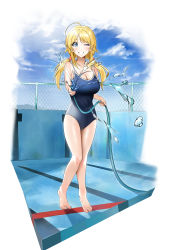 Rule 34 | 1girl, absurdres, ahoge, bare shoulders, barefoot, blonde hair, blue eyes, blue one-piece swimsuit, breasts, cleavage, cloud, collarbone, covered navel, empty pool, fence, full body, grin, hachimiya meguru, highres, hose, idolmaster, idolmaster shiny colors, knees together feet apart, large breasts, looking at viewer, low twintails, one-piece swimsuit, one eye closed, pol winner, pool, school swimsuit, sidelocks, sky, smile, solo, swept bangs, swimsuit, tiptoes, twintails, water