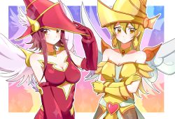 Rule 34 | 2girls, apple magician girl, apple magician girl (cosplay), bad id, bad pixiv id, bare shoulders, blonde hair, blush, breasts, brown eyes, choker, cleavage, collarbone, cosplay, crossed arms, duel monster, earrings, gloves, gradient background, hat, izayoi aki, jewelry, joman, large breasts, lemon magician girl, lemon magician girl (cosplay), leotard, long hair, looking away, multiple girls, red hair, short hair, tenjouin asuka, wings, yellow eyes, yellow hat, yu-gi-oh!, yu-gi-oh! 5d&#039;s, yu-gi-oh! gx