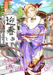 Rule 34 | 2girls, blonde hair, breasts, demon girl, demon horns, demon tail, eyebrows hidden by hair, green eyes, hatsumoude, horns, japanese clothes, kimono, large breasts, long hair, looking at viewer, multiple girls, new year, o/p.com, original, shrine, smile, solo focus, tail