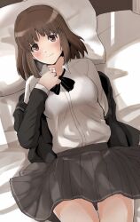 Rule 34 | 1girl, amagami, bed sheet, black bow, black bowtie, black bra, black jacket, black sailor collar, blazer, bow, bowtie, bra, bra visible through clothes, breasts, brown eyes, brown hair, closed mouth, collared shirt, from above, grey skirt, gyuunyuu pack (tanaka), highres, indoors, jacket, kibito high school uniform, long sleeves, looking at viewer, lying, medium breasts, medium hair, off shoulder, on back, on bed, open clothes, open jacket, pillow, pleated skirt, sailor collar, school uniform, see-through, see-through shirt, shirt, skirt, tanaka keiko (amagami), underwear, white shirt